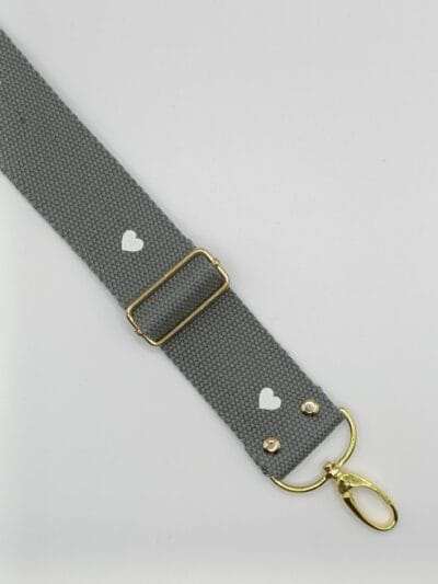Decorative strap - grey with white hearts 3.8 cm - gold hardware