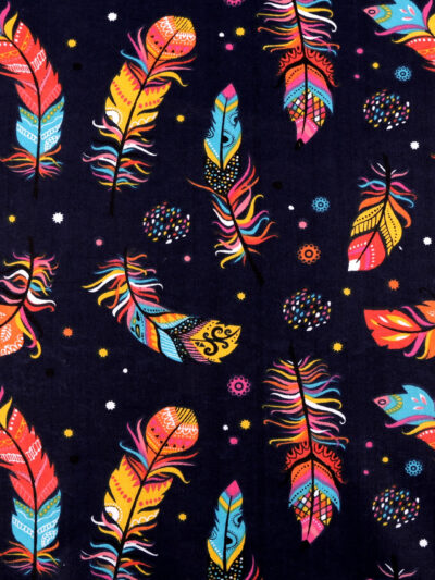 COCO bag lining - colorful feathers on navy background