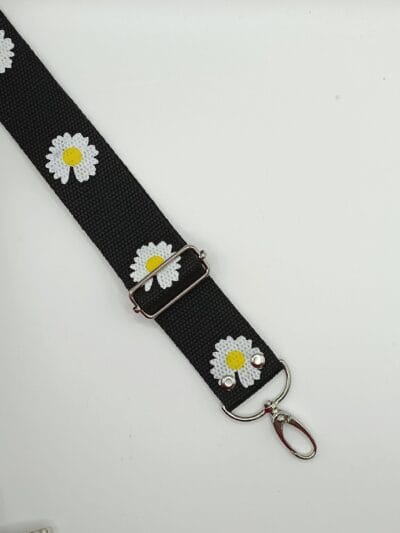 Decorative Strap - Black with White Daisies 3.8 cm - Silver Hardware