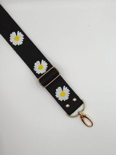 Decorative strap - black + white daisies 3.8 cm - gold hardware