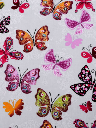 Handbag lining "diagonal herringbone" - butterflies on a grey background