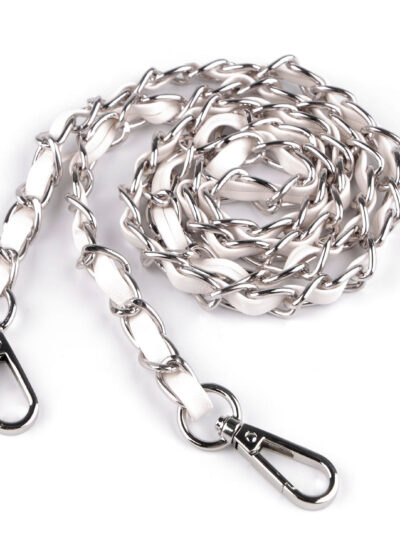 Handbag chain with snap hooks, 112 cm, white eco-leather + silver
