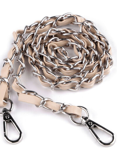 Handbag chain with snap hooks 112 cm with eco leather - beige + silver