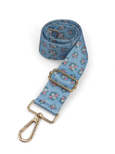 Decorative strap - blue flowers 3.8 cm - gold hardware