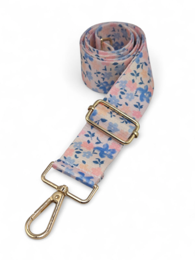 Decorative strap - pink-blue flowers 3.8 cm - gold hardware