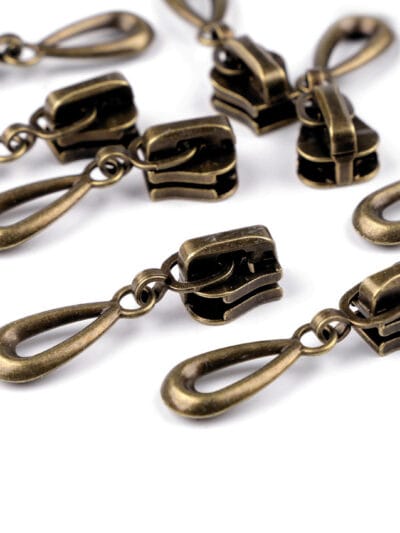 Decorative zipper slider for No. 5 coil zippers - teardrop - antique brass