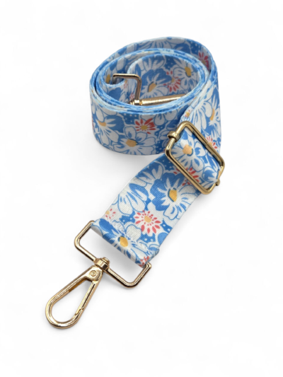 Decorative strap - blue flowers 3.8 cm - gold hardware