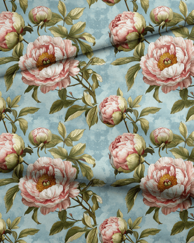 Waterproof fabric, lining material - 50x80 cm - peonies on a blue background