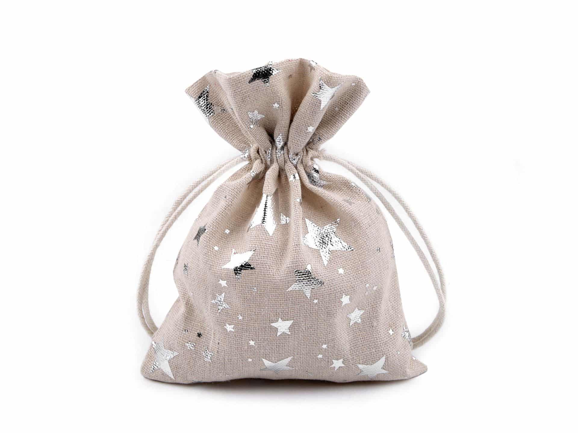 Linen gift pouch 13x18cm - silver stars
