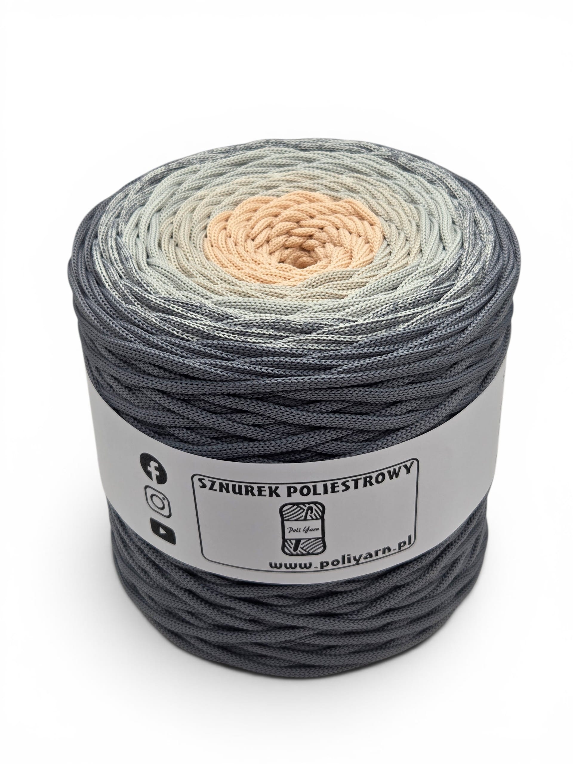 Sznurek poliestrowy płaski 5 mm ombre - 250 m - ciemny szary/jasny szary/różowy krem