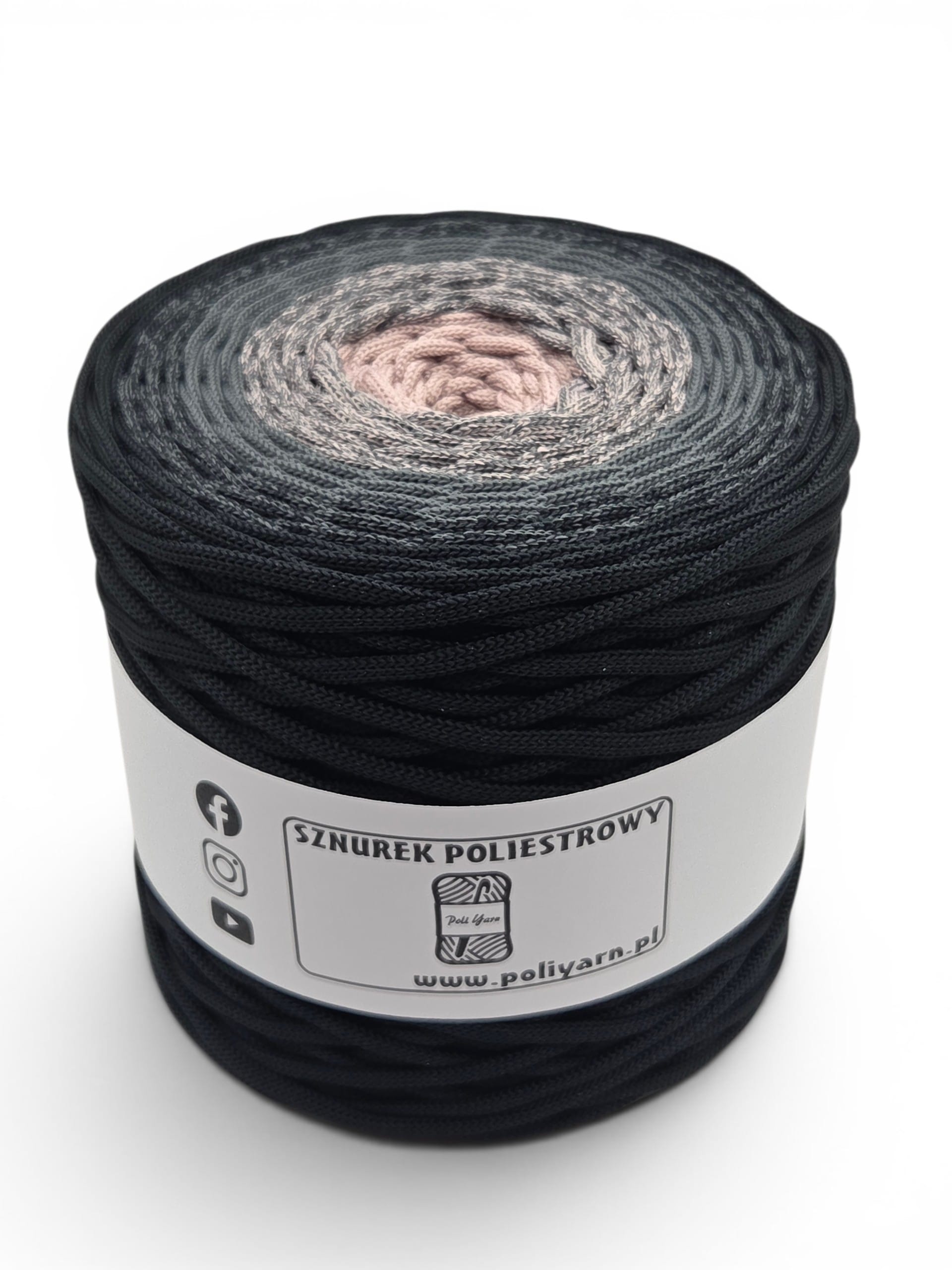 Sznurek poliestrowy płaski 5 mm ombre - 250 m - czarny/grafit/brudny róż