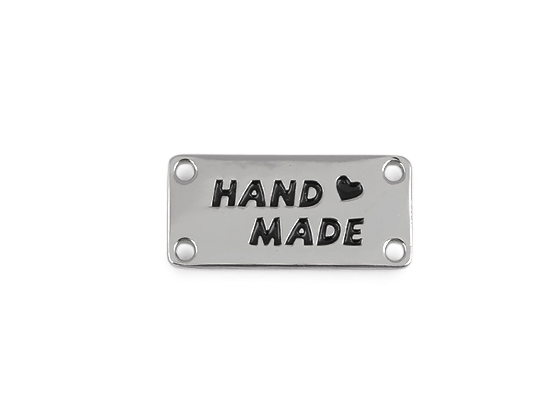 Metka metalowa do przyszycia "Handmade" prostokąt - srebrna