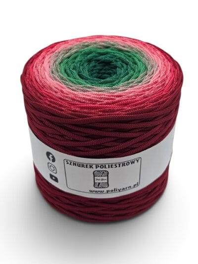 Sznurek poliestrowy płaski 5 mm ombre - 250 m - wino/landrynka/malina/zieleń Gucci/butelkowa zieleń